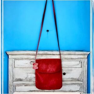 Vintage 70's Red Genuine Suede Leather Messenger Crossbody Bag Flap Snap